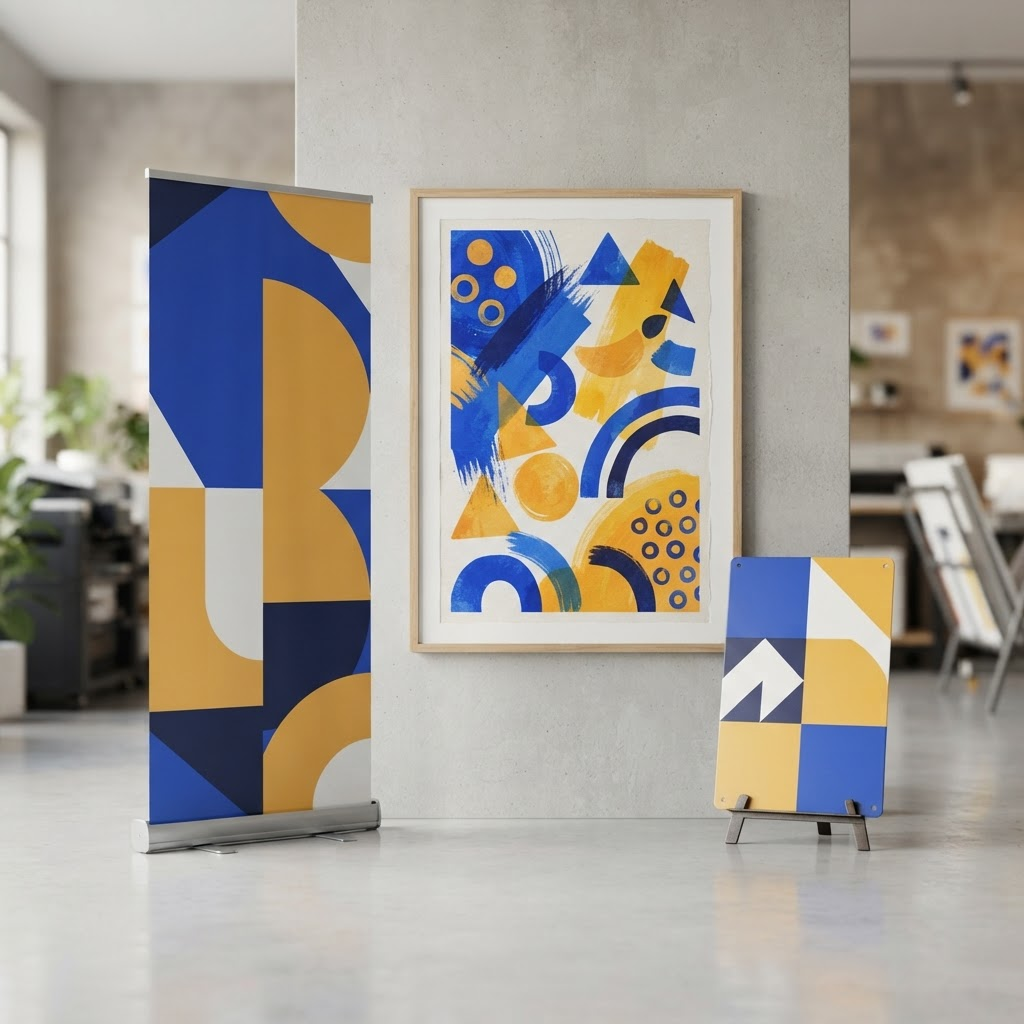 Creative studio space with art and printed materials
